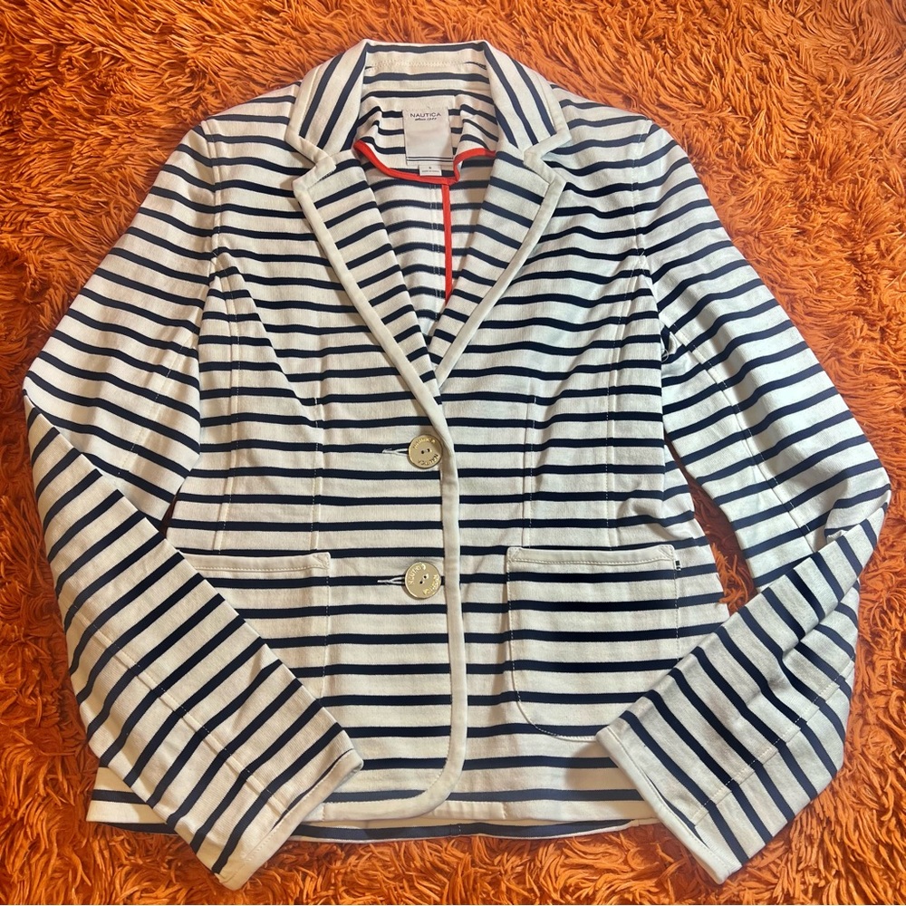 NWT Women’s Nautical Naval Stripe Blazer Jacket Navy White Business Professional